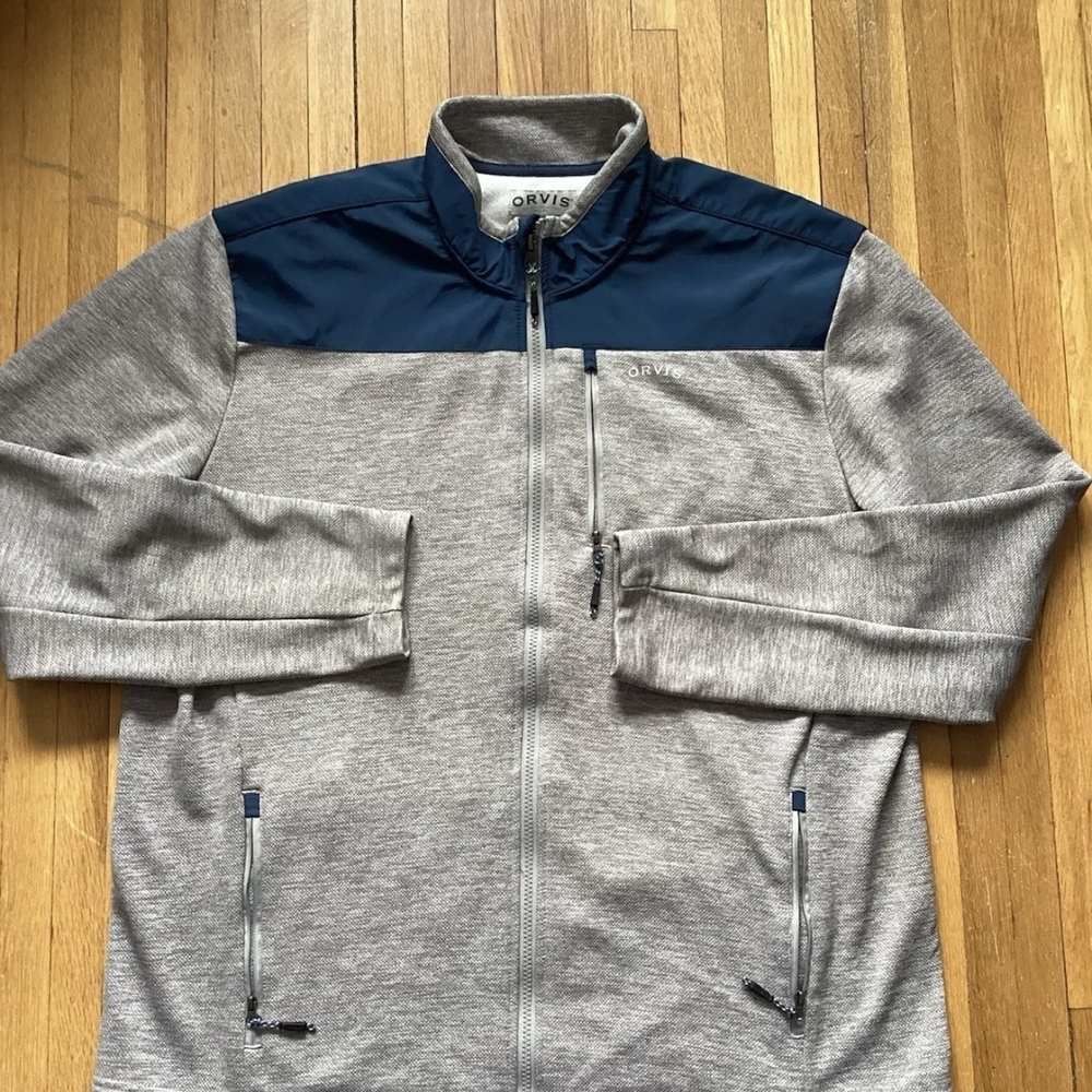 Luxe Orvis Men's XL Gray / Blue Full Zip-Up Sweater,Polyester Blend,MINT